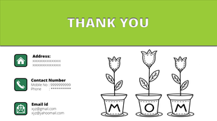 Minimalistic thank you slide featuring green accent, contact information icons, and outlined flower illustrations.