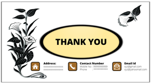 Thank you slide with a beige oval center, black floral designs, and space for address, contact number, and email details.