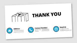 Minimalist thank you slide with a black-and-white gift box icon and blue icons for contact details.
