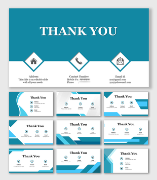 Thank you slide with blue and white background along with icons of address, phone number, and email.