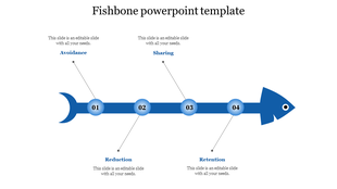 Blue fishbone diagram with four numbered circular nodes along the central spine, each connected to labels.
