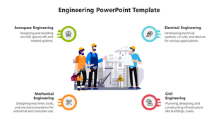 Central illustration of engineers on-site, flanked by icons and text describing four engineering specialties.