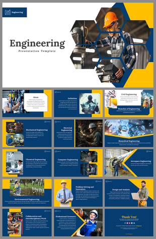 Engineering PowerPoint slides featuring a worker in a helmet with hexagonal design elements and various engineering topics.