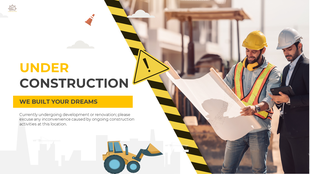 Construction site with workers reviewing plans, featuring a under construction warning and a bulldozer icon.