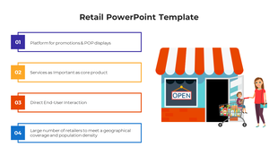 Slide showcasing a retail store illustration, a shopping cart, and a woman with a child, with four highlighted features.
