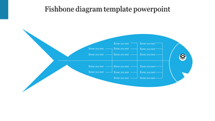 A blue fishbone diagram slide with labeled branches for entering text, showing a structured layout for process analysis.