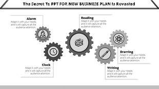 Business plan slide with gears representing alarm, clock, reading, drawing, and writing, emphasizing key aspects of the plan.