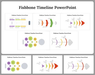 Set of five fishbone timeline designs with arrows and text placeholders for various stages of a process.