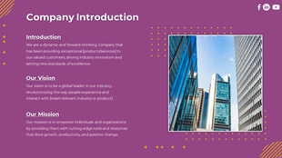 Company introduction slide with mission, vision, and text alongside an image of modern skyscrapers on a purple backdrop.