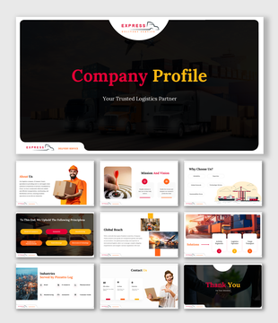 Logistics Company Profile with mission, services, global reach, industry focus, and contact details.