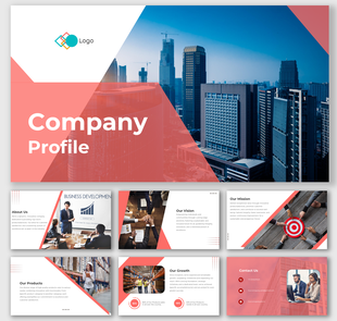 Company profile presentation with a red and white theme, featuring slides for about us, vision, mission, and contact details.