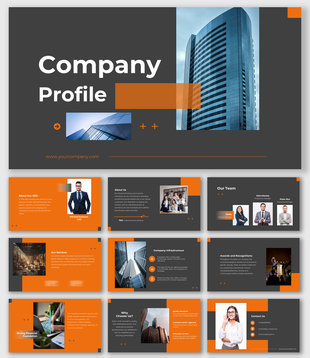 Modern company profile slide deck with gray and orange theme, featuring team, services, and contact details.