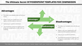 Comparison slide with green arrows pointing to advantages and disadvantages, with text lists on both sides.
