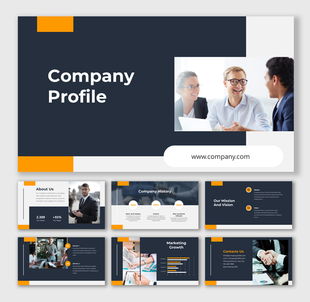 Modern company profile slide deck featuring navy blue and orange with sections for company overview, growth, and vision.