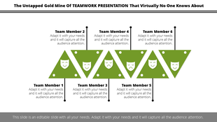 Teamwork slide with six green triangles containing smile icons, labeled for team members with text above and below.