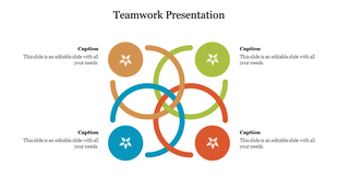 Teamwork concept slide with interconnected colored circles symbolizing collaboration with icons and captions.