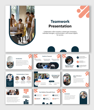 Teamwork showcasing slides on collaboration, advantages, characteristics of effective teams, and successful case studies.