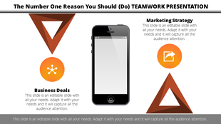 Teamwork slide with a central smartphone graphic, triangular elements, and circular icons for business and marketing.