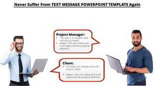 Text message template featuring two individuals with laptops and red bordered speech bubbles for roles.