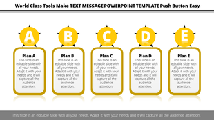 Slide with five sections labeled A to E, each with a circular icon and corresponding plan details in yellow and white.