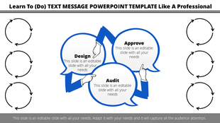 Text message slide featuring three blue speech bubbles labeled Design, Approve, and Audit, held by hand illustrations.