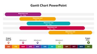 Gantt chart with colorful horizontal bars showing project tasks across months and milestones highlighted below.