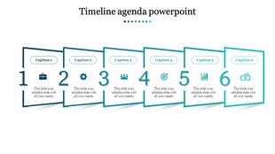 Timeline with six teal framed boxes in a row, each numbered 1 to 6, each with icons and captions inside.