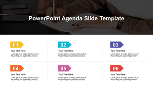Agenda slide with six sections for text, each containing a colorful arrow icon, over a photo of handwriting on a notebook.