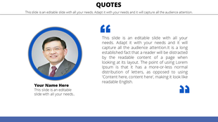 Blue bordered circular profile image on left, with detailed text quote in a block on the right.