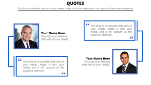 Quotes layout featuring two portrait photos, blue framed text boxes, and connectors on a white background.