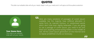 Quote slide featuring a circular placeholder, bold name section, and a green quotation text box in a green backdrop.