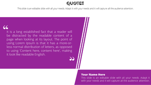 Quote template with a purple design, white quotation marks, and a rectangular name banner at the bottom right.