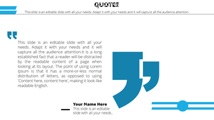 Blue quote slide with a large stylized quotation mark graphic on the right and placeholder text on the left.