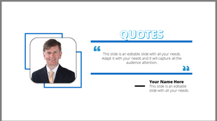 Quote slide with a blue horizontal design, a headshot of a smiling man in a suit, and name caption areas.