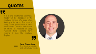 Quote slide with a yellow text area, black quotation marks, and a circular headshot of a smiling man in formal attire.
