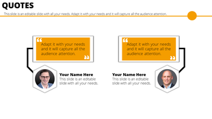 A quote slide featuring two quotes with hexagonal images of two people, each with a placeholder for user text below.
