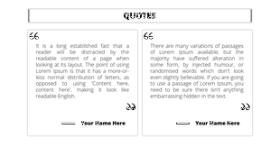 Quote slide with two white text boxes, bold black quotation marks, and placeholders for names below.