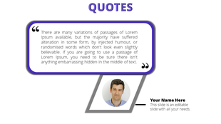 Slide featuring a quote in a purple bordered text box, with a profile photo and name placeholder underneath.
