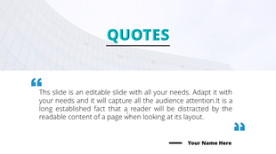 Quote slide with a modern background of a building, featuring a speech bubble with text and space for the author's name.