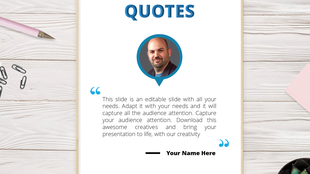 PowerPoint quote template with a photo of a person, quote text, and a pencil and paperclip design.