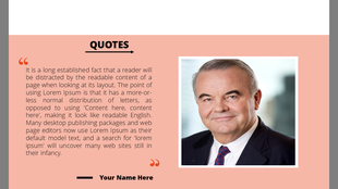 Quote slide with a centered photo of a man, placeholder text on the left, and bold quotation marks in orange.