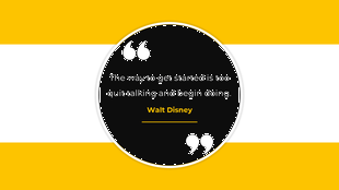 A circular black quote box with white quotation marks on a bold yellow and white striped background.