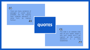 Quote slide with a blue and dark blue theme, containing two quote boxes and a central  label.