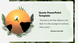 Silhouette of a man leaping between cliffs at sunset in a circular frame with tropical leaves and quote on the right.