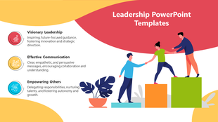 Leadership slide with colorful icons with three sections alongside illustrations of people helping each other climb.