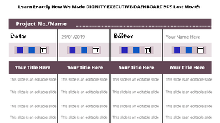 Business executive dashboard template displaying project information, including date and editor with placeholder text.