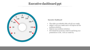 An executive dashboard gauge slide with the needle positioned at 100, showing different measurement levels on the scale.