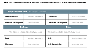 Project comparison table with sections for team members, location, costs, and risk before and after changes.