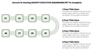 Curved green flowchart with numbered steps 01 to 08 on the left, paired with four text boxes for details on the right.