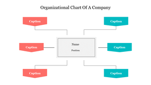 Organizational chart with a central box for name and position, connected to red and blue caption boxes.